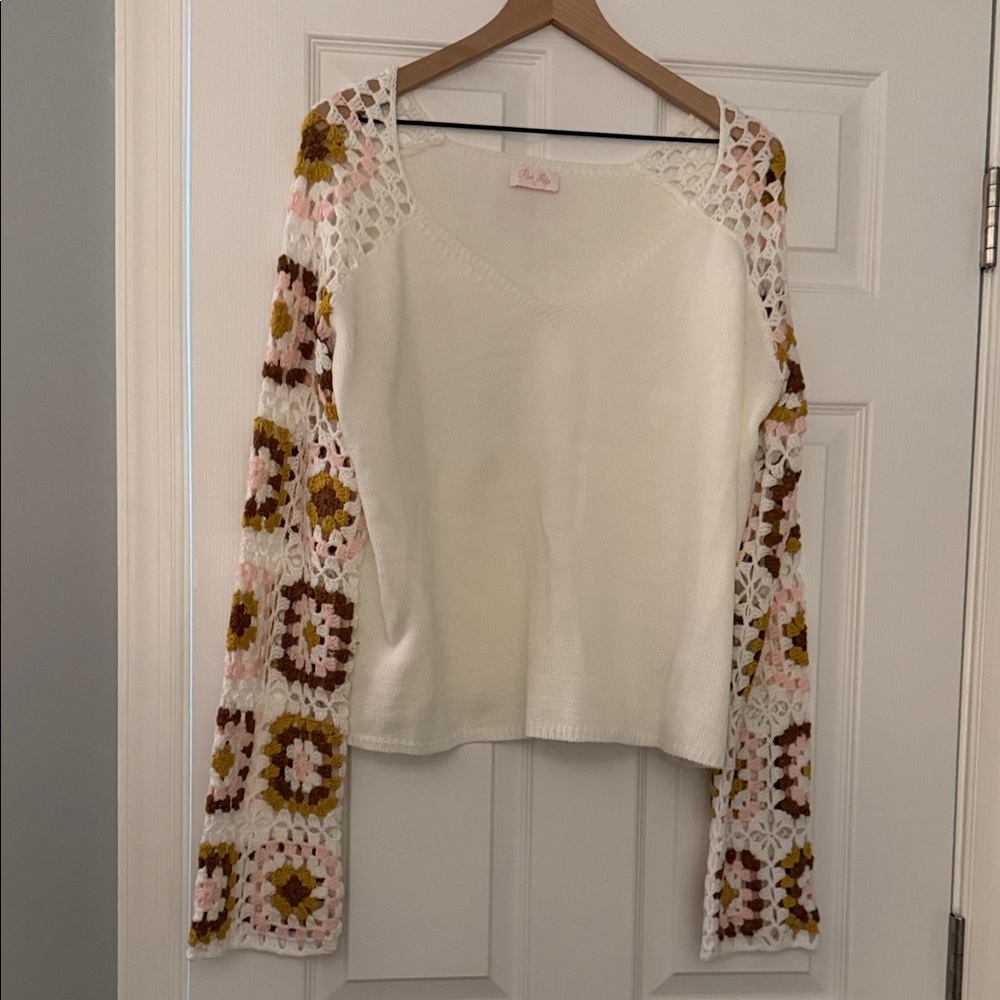 White Sweater with Crochet Sleeves